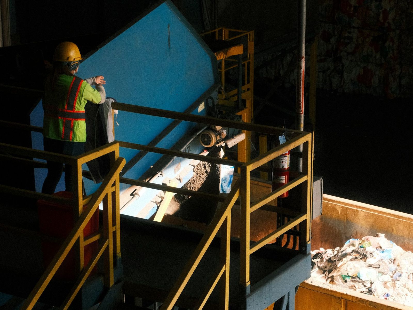 Waste treatment plant interior, conveyors and processing equipment